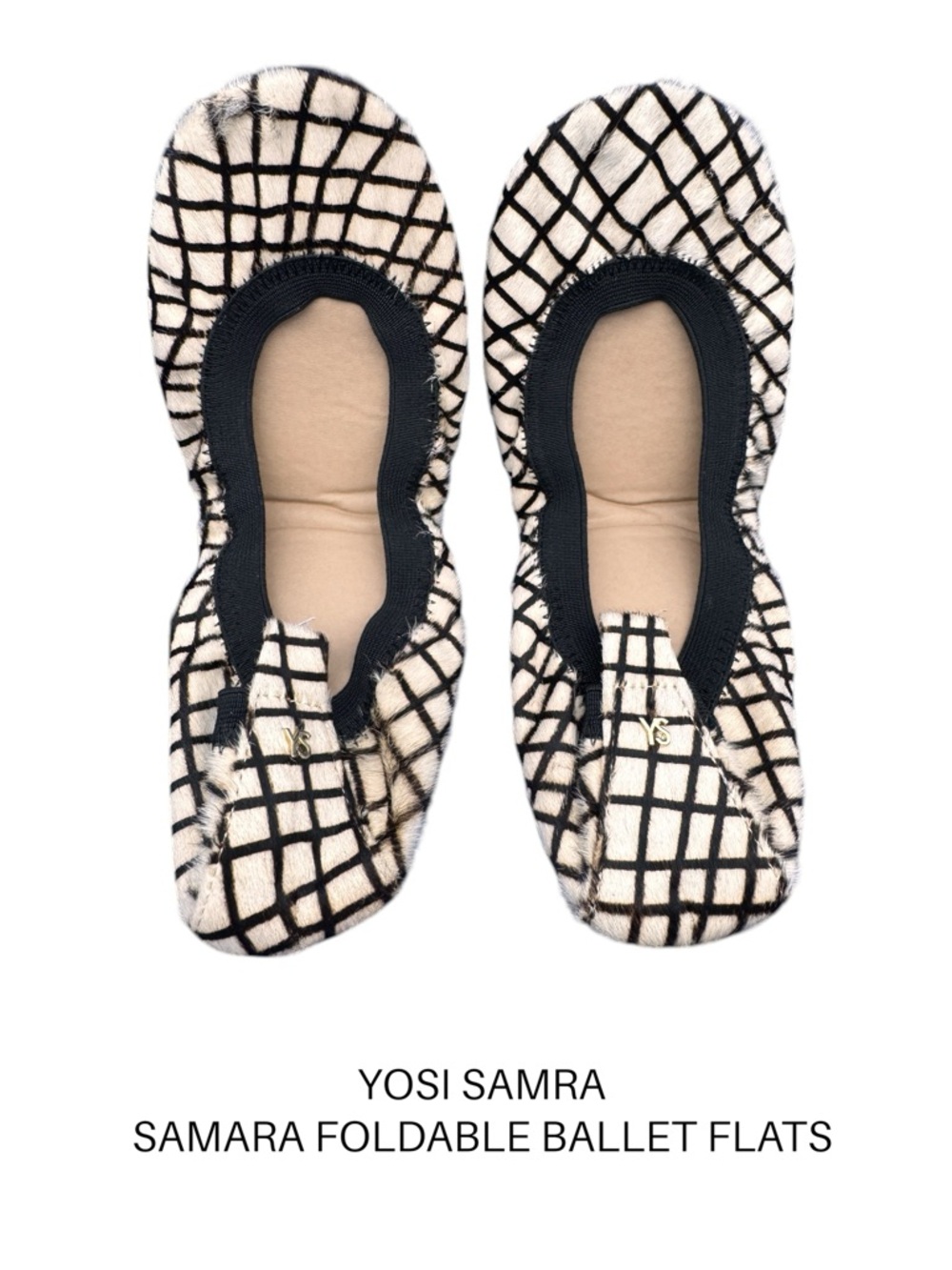Yosi Samra Samara Ballet Flats Womens Ivory Grid Print Foldable Slip On